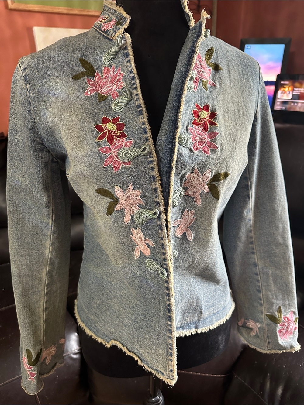 Embroidered Light Blue Denim Jacket with Floral Detail